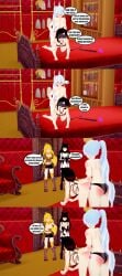 4girls black_hair blake_belladonna blonde_hair dominant dominatrix english_text female female_only human icecreamjoi multiple_girls red_hair ruby_rose rwby tagme tagme_(artist) team_rwby text weiss_schnee white_hair yang_xiao_long yuri