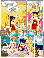 3girls alternate_hair_color big_ass big_breasts bimbo blonde_hair brainwashing breasts cardcaptor_sakura cleavage clothing comic empty_eyes english_text female female_only happy_trance headwear human hypnosis jimryu light-skinned_female light_skin long_hair meiling_li mind_control multiple_girls panties pink_eyes sakura_kinomoto sling_bikini string_bikini swimsuit text tomoyo_daidouji twintails watermark yuri