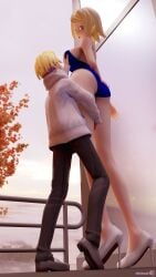 1boy 1girls 3d 3d_(artwork) big_breasts blonde_female blonde_hair blonde_hair_female blonde_hair_male blonde_male boyfriend breasts clothed clothed_female clothed_male curvy curvy_female curvy_figure giant giantess giantess_growth girlfriend growing growth kagamine_rin light-skinned_female light-skinned_male light_skin mikumikudance mini_giantess minmax3d mmd part_of_a_set vocaloid2