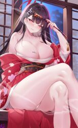 alternate_costume black_hair blue_archive blunt_bangs blush breasts cleavage closed_mouth collarbone crossed_legs female hair_ornament hairclip halo highres ink ink_on_breast japanese_clothes kimono large_breasts long_hair looking_at_viewer mechanical_halo millennium_science_school_student nanoda002_(saber427) panties red_eyes red_kimono rio_(blue_archive) sarashi seductive seminar_(blue_archive) sidelocks sitting smoke smoking_pipe thighs underwear white_panties wide_sleeves