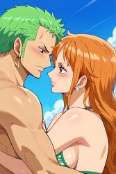 1boy 1girls ai_generated big_breasts black_eyes blush breasts brown_eyes couple earrings female green_hair huge_breasts kiraaiart kiss kiss_on_lips kissing looking_at_another love male nami nami_(one_piece) nipples one_eye_closed one_piece orange_hair post-timeskip red_hair romantic romantic_couple zorosen