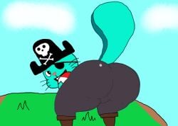 1boy anthro ass balls big_ass big_butt black_eyes black_hat black_pants blue_body blue_fur blue_skin butt clothed clouds covered eye_patch furry furry_male furry_only glistening_pants grass happy_tree_friends heart_nose long_tail male male_only mondo_media mud no_humans open_mouth otter pac-man_eyes pink_nose pirate raised_tail red_shirt russell_(htf) seductive skull thick thick_ass thick_butt whiskers white_shirt wooden_leg