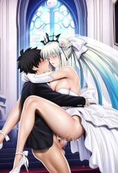 1boy 1girls 2024 ai_generated black_hair blue_eyes church cyclone_(ai_style) fate/grand_order fate_(series) fujimaru_ritsuka_(male) gudao hetero husband_and_wife married_couple morgan_le_fay_(fate) pixiv suspended_congress tagme wedding wedding_dress wedding_lingerie wedding_veil white_hair