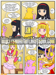 age_progression alternate_hair_color ass_expansion big_ass big_breasts bimbo bimbofication black_hair blonde_hair brainwashing breast_expansion breasts cardcaptor_sakura cleavage clothing comic empty_eyes english_text female female_only happy_trance headwear human hypnosis jimryu light-skinned_female light_skin long_hair meiling_li mind_control multiple_girls navel panties pink_eyes school_uniform skirt text tomoyo_daidouji undersized_clothes watermark