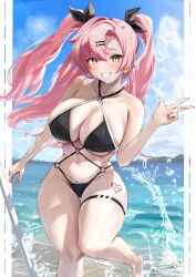 1girls alternative_costume bare_shoulders bikini black_bikini black_bow black_ribbon black_swimsuit blue_sky bow bow_(fashion) breasts cleavage clothing cloud day exposed_midriff female female_only green_eyes hair_ornament hair_ribbon hairbow hairclip high_resolution large_breasts long_hair looking_at_viewer mole muchi2_p navel nicole_demara o-ring o-ring_bikini ocean outdoors pink_hair portrait ribbon sky smile solo standing swimsuit tagme thigh_strap thighs two_side_up useless_tags v very_high_resolution w zenless_zone_zero
