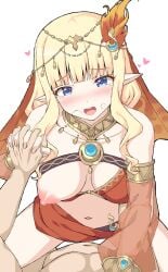 1boy blonde_hair blue_eyes blunt_bangs blush bracer breasts censored circlet cowgirl_position detached_sleeves elf female fire_hair_ornament harem_outfit heart holding_hands ichio jewelry large_breasts long_hair mosaic_censoring navel neck_ring nipples o-ring one_breast_out open_mouth penis pointy_ears pov princess_connect! saren_(princess_connect!) saren_(sarasaria)_(princess_connect!) sarong sex sex_under_clothes sex_under_skirt sidelocks spread_legs straddling straight tearing_up vaginal_penetration veil