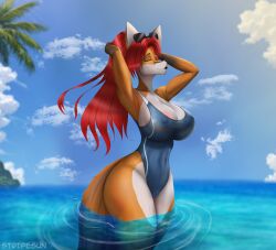 abs absurd_res aeril_(helios) arms_above_head beach big_breasts breasts canid canine closed_eyes clothing countershading ears_up eyewear female fox hair hi_res huge_breasts mammal nipples nipples_visible_through_clothing one-piece_swimsuit raised_arms red_hair solo sunglasses sunstripe swimwear thick_thighs tight_clothing water wet wide_hips