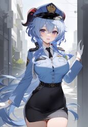 1girls ai_generated ass big_breasts blue_hair ganyu_(genshin_impact) genshin_impact hi_res horn legwear long_hair nipples outdoors panties police_uniform pussy rainyshst voluptuous