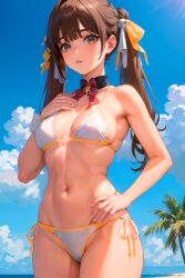 1girls ai_generated armpits beach belly belly_button bikini brown_eyes brown_hair camel_toe cameltoe chocker clouds from_below hair_ribbon hip honkai:_star_rail honkai_(series) palm_tree polege sky small_breasts standing sushang_(honkai:_star_rail) thick_thighs thighs twintails viewed_from_below waist waist_grab