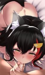 1boy animal_ears ass black_hair blush censored circussion cum cum_on_penis fellatio female hair_between_eyes hair_ornament half-closed_eyes highres hololive long_hair looking_at_viewer mosaic_censoring multicolored_hair nude on_bed ookami_mio oral penis pointless_censoring red_hair solo_focus straight streaked_hair sweat tail tongue virtual_youtuber wolf_ears wolf_girl wolf_tail yellow_eyes