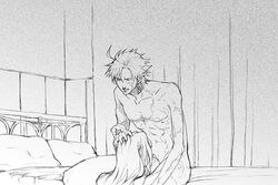 ahoge bedroom fate/zero fate_(series) fellatio gay implied_fellatio implied_oral lancelot_(fate) male_only matou_kariya monochrome naked nude oral yaoi