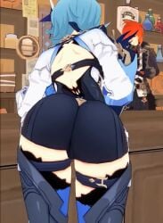 1boy 1girls 3d animated ass ass_focus blue_hair diluc_(genshin_impact) eula_(genshin_impact) female genshin_impact huge_ass no_sound shaking_butt tagme thick_ass thick_thighs thighhighs video