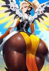 1girls ai_generated ass ass_focus blonde_hair blue_eyes bodysuit bubble_ass bubble_butt creamy_ai curvy dat_ass fat_ass from_behind huge_ass mechanical_halo mechanical_wings mercy overwatch overwatch_2 pantyhose pawg solo thiccwithaq_(ai_style) thick_ass thick_thighs wide_hips