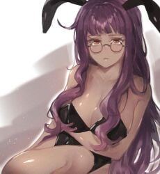 1girls big_breasts bunny_ears bunnysuit corset dark_skin glasses katriel_(library_of_ruina) library_of_ruina long_hair looking_at_viewer project_moon purple_hair