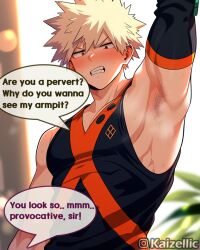 ai_generated armpit_fetish armpits arms_up blonde_hair blush dialogue gay hairy_armpits hero_outfit_(mha) kaizellic katsuki_bakugou male male_focus male_only muscular muscular_male my_hero_academia red_eyes superhero superhero_costume tight_clothing yaoi