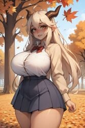 ahoge ai_generated autumn autumn_leaves blush bow bowtie breasts button_gap collared_shirt female hair_between_eyes horns juswa leaf long_hair long_sleeves looking_at_viewer outdoors parted_lips pleated_skirt pointy_ears red_bow red_bowtie school_uniform shirt shirt_tucked_in skirt solo thighs tree white_shirt