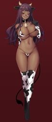 1girls bell_collar big_breasts bikini black_tail blush collar cow_ears cow_girl cow_print cow_tail dark_skin glasses gloves horns katriel_(library_of_ruina) library_of_ruina long_gloves long_hair looking_at_viewer micro_bikini project_moon purple_hair purple_hair_female red_eyes red_eyes_female round_glasses skimpy standing