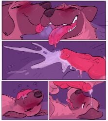 blush bodily_fluids breath canid canine canis comic cum cum_on_forehead domestic_dog duo ejaculation feral feral_on_feral feral_transformation genital_fluids hi_res male male/male mammal orgasm species_transformation tongue tongue_out transformation zoba_(artist)