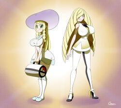 1milf 2girls aged_up alternate_breast_size bag big_breasts clothed clothing crot female female_only headwear high_heels huge_breasts human lillie_(pokemon) lusamine_(pokemon) milf mother_and_daughter nintendo nipples_visible_through_clothing no_bra older_female_younger_female pale_skin pokemon