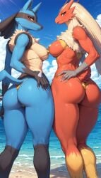 2girls abs ai_generated ass ass_focus beach_background big_breasts blaziken blue_eyes blue_fur breasts faustwing female female_blaziken female_lucario fit_female furry gold_bikini hand_on_hip hi_res high_resolution highres looking_at_viewer looking_pleasured lucario micro_bikini mostly_nude_female nice_ass pokemon pokemon_(species) red_eyes red_fur seductive_look seductive_smile sideboob standing straight