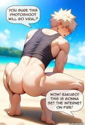 ai_generated ass ass_focus back_view beach blonde_hair dialogue gay kaizellic katsuki_bakugou looking_back male male_focus male_only muscular muscular_male my_hero_academia photoshoot red_eyes solo solo_focus solo_male tank_top yaoi