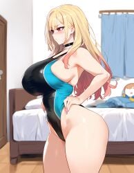 1girls ai_generated ass bangs bed bed_sheet bedroom big_ass big_breasts big_butt big_thighs black_swimsuit blonde_eyebrows blonde_female blonde_hair blonde_hair_female blush breasts brown_eyes collar color embarrassed embarrassed_female female female_focus hands_on_hips hi_res high_resolution highres huge_ass huge_breasts huge_thighs kitagawa_marin light-skinned_female long_eyelashes long_hair looking_away lucyla male_pov mommy one-piece_swimsuit plushie pov side_view skin_tight slim_waist sono_bisque_doll_wa_koi_wo_suru standing swimsuit thighs thighs_bigger_than_head thighs_bigger_than_torso tight_clothing tight_fit