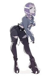 1girls busty chains dc dc_comics goth goth_girl grey_skin leaning_forward nick_swift purple_eyes purple_eyeshadow purple_hair purple_lipstick rachel_roth raven_(dc) ripped_pants sketch teen_titans underboob