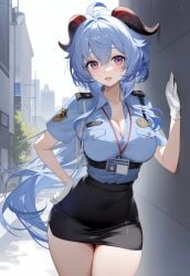 1girls ai_generated ass big_breasts blue_hair ganyu_(genshin_impact) genshin_impact hi_res horn legwear long_hair nipples outdoors panties police_uniform pussy rainyshst voluptuous