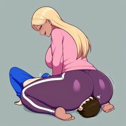 ai_generated ass blonde_hair facesitting femdom huge_ass tan_body track_pants