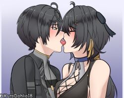 1boy 1girls big_breasts black_hair blushing breasts cleavage closed_eyes clothed drooling female female_rover_(wuthering_waves) french_kiss french_kissing hair_ornament kissing kurodahlia18 large_breasts male male/female male_rover_(wuthering_waves) open_mouth rover_(wuthering_waves) saliva selfcest straight tongue upper_body wuthering_waves