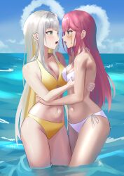 2d 2d_(artwork) 2girls after_kiss aivy_lovencraft belly_button bikini bikini_bottom bikini_top blush clouds day eru_nabura estebaneishon1 female female_focus grey_eyes high_resolution highres indie_virtual_youtuber latam_virtual_youtuber light-skinned_female light_skin long_hair looking_at_another medium_breasts monocle navel open_mouth outdoors pink_hair saliva saliva_trail side_view sky slim_girl standing standing_in_water summer swimsuit thong thong_bikini two_piece_swimsuit two_tone_hair virtual_youtuber vtuber vtuberfanart water white_hair yellow_bikini yellow_bikini_bottom yellow_bikini_top yellow_hair young younger_female