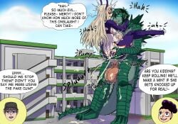 1girls 3boys belly_bulge big_balls big_breasts big_penis building color cradle_position cum cum_in_pussy cum_inside detailed_background film_set godzilla godzilla_(series) huge_cock inflation izuku_midoriya kaiju kiahl lobsterkiahl mineta_minoru my_hero_academia takeyama_yuu yuu_takeyama