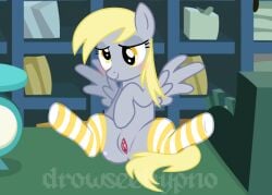 accurate_art_style blonde_hair blush cross-eyed delivery_employee derpy_hooves grey_body hooved_feet hooves horse my_little_pony pegasus pony postal_carrier seductive seductive_look seductive_pose seductive_smile socks socks_only solo solo_female spread_legs spreading striped_legwear striped_thighhighs thigh_highs thigh_socks thighhighs vagina