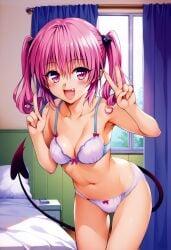 2024 ai_generated bed bedroom bra breasts carnivalecloudmuncher demon_girl demon_tail female female_only nana_asta_deviluke navel panties pink_hair self_upload smile solo solo_female standing tagme to_love-ru twintails v_sign