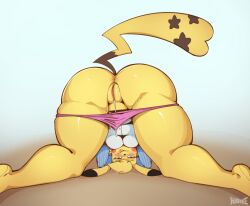 absurd_res anthro anus ass ass_up big_butt biped blonde_hair blush bodily_fluids clothed clothing female generation_1_pokemon genital_fluids genitals hair hi_res hotkeke1 looking_at_viewer looking_through looking_through_legs nintendo panties panties_down partially_clothed pikachu pokemon pokemon_(species) pussy solo thick_thighs underwear underwear_down vaginal_fluids yellow_body