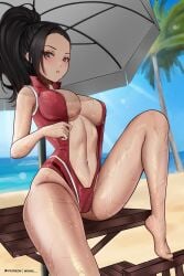 1girls 2d 2d_(artwork) alternate_costume beach belly_button big_breasts black_hair boku_no_hero_academia chair day female female_focus female_only front_view hero_outfit_(mha) high_resolution highres hourglass_figure light-skinned_female light_skin long_hair looking_at_viewer momo_yaoyorozu my_hero_academia navel ocean one-piece_swimsuit outdoors palm_tree patreon_logo patreon_username ponytail red_swimsuit revealing_swimsuit sand sitting sitting_on_table sky slim_girl solo solo_female solo_focus summer swimsuit table umbrella wet wet_body wonnikon young younger_female