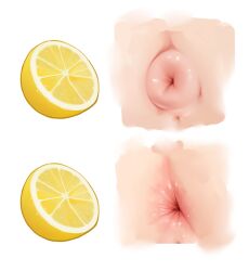 anus female food fruit highres lemon lemon_slice meme merrytail original puckered_anus pussy pussy_peek simple_background thour_(meme) white_background