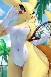 3_fingers anthro bandai_namco black_sclera blue_eyes breasts collarbone completely_nude digimon digimon_(species) disguise female furry navel nipples nude nude_female ozoneserpent pikachu pussy renamon small_breasts sticker sticker_on_face stickers stickers_on_face tail tennis_racket thick_thighs white_body white_fur wide_hips yellow_body yellow_fur