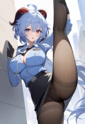 1girls ai_generated ass big_breasts blue_hair ganyu_(genshin_impact) genshin_impact hi_res horn legwear long_hair nipples outdoors panties pantyhose police_uniform pussy rainyshst voluptuous