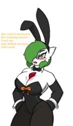 anthro big_breasts blush breasts bunny_costume clothing costume english_text female gardevoir generation_3_pokemon hi_res nintendo pace-maker playboy_bunny pokemon pokemon_(species) small_waist solo text thick_thighs wide_hips