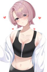 10urq 1girls arimura_mao belly belly_button blush breasts female female_focus female_only gakuen_idolmaster heart hearts idolmaster medium_breasts pink_hair purple_eyes short_hair simple_background solo solo_female solo_focus sports_bra sportswear steam steaming_body sweat sweatdrop tomboy white_background