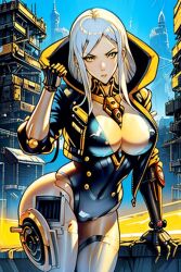 ai_generated big_ass big_breasts curvy_figure cyberpunk golden_eyes hourglass_figure oc original_character outdoors robot_girl robot_hands semi_nude white_hair