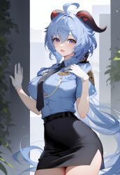 1girls ai_generated ass big_breasts blue_hair ganyu_(genshin_impact) genshin_impact hi_res horn legwear long_hair nipples outdoors panties police_uniform pussy rainyshst voluptuous