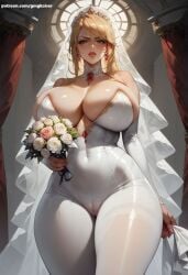 ai_generated annoyed barely_contained_breasts big_breasts blonde blonde_female blonde_hair bouquet busty flowers gmgkaiser haughty_face hourglass_figure huge_breasts massive_breasts metroid samus_aran tagme tight_clothing tight_dress top_heavy wedding_dress white_dress