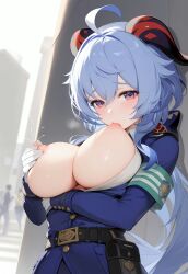 1girls ai_generated ass big_breasts blue_hair ganyu_(genshin_impact) genshin_impact hi_res horn legwear long_hair nipples outdoors panties police_uniform pussy rainyshst voluptuous