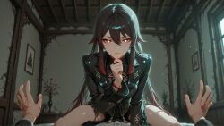 1boy 1girls ai_generated breasts brown_eyes brown_hair fantasai female_on_top genshin_impact high_quality hu_tao_(genshin_impact) illustrious_(stable_diffusion) looking_at_another medium_breasts slim thinking