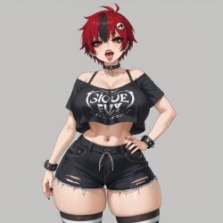 ai_generated booty_shorts crop_top hands_on_hips red_hair ripped_clothing thick_thighs thigh_bulge thighhighs tongue_out tongue_piercing