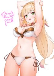 1girls alternate_costume armpits arms_up ass_visible_through_thighs bare_thighs bikini blonde_hair breasts cleavage female female_only fire_emblem fire_emblem_heroes got0_naisho green_eyes long_hair medium_breasts multicolored_hair nintendo official_alternate_costume open_mouth sharena_(fire_emblem) smile solo swimsuit thank_you thighs very_long_hair white_background white_bikini white_swimsuit yellow_hair