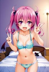 2024 ai_generated bed bedroom bra breasts carnivalecloudmuncher demon_girl demon_tail female female_only nana_asta_deviluke navel panties pink_hair self_upload smile solo solo_female standing tagme to_love-ru twintails v_sign