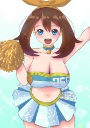 1girls ayuyu_lament blue_crop_top blue_eyes blue_skirt breasts brown_hair cheerleader cheerleader_uniform choker crop_top hairband large_breasts looking_at_viewer may_(pokemon) midriff navel nintendo pokemon pokemon_rse pom_pom_(cheerleading) short_hair skirt